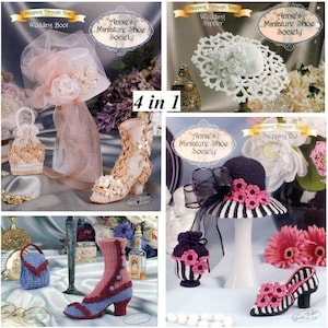 Puede incluir: Un collage de diseños de zapatos de ganchillo en miniatura, que incluyen una bota de boda, una zapatilla y un conjunto de sombrero y zapatos a rayas. Los diseños presentan detalles florales y están etiquetados como "Annie's Miniature Shoe Society" y "4 in 1".