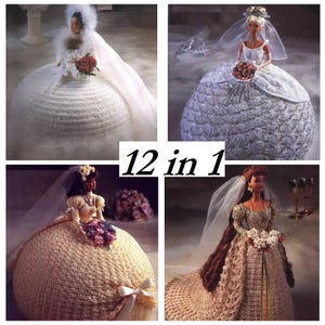 May include: A set of 12 crochet doll dress patterns, featuring different styles of wedding gowns. The patterns are for dolls with a 30.5 cm waist.
