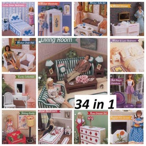 May include: A collection of 34 crochet dollhouse furniture patterns. The patterns include a living room, bedroom, vanity, and more. The patterns are all in one book, and the book is titled "34 in 1".