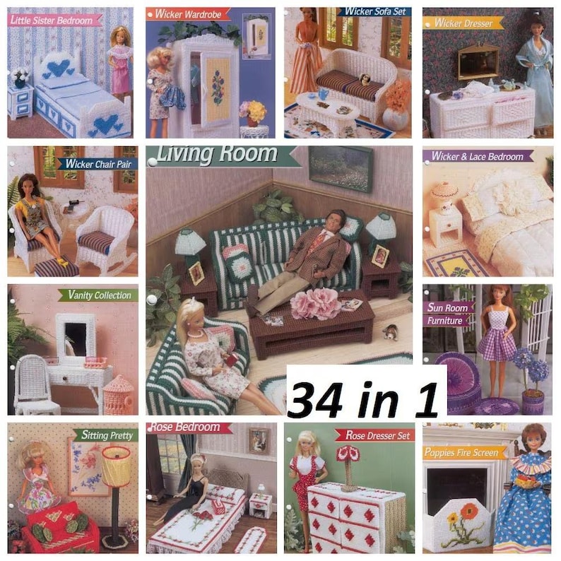 May include: A collection of 34 crochet dollhouse furniture patterns. The patterns include a living room, bedroom, vanity, and more. The patterns are all in one book, and the book is titled "34 in 1".
