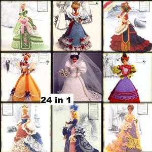 May include: A collection of 24 crochet doll dress patterns. The patterns feature a variety of styles, including a wedding dress, a ball gown, and a Victorian-era dress. The patterns are all in color and include detailed instructions.