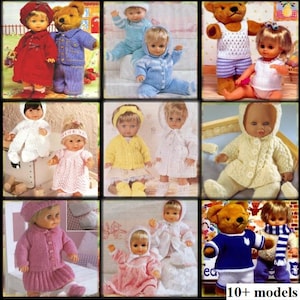 Puede incluir: Una colección de ropa de punto para muñecas de diferentes tamaños. La ropa es de diferentes colores y estilos, incluyendo vestidos, suéteres, pantalones y sombreros. Las muñecas no están incluidas en la imagen.