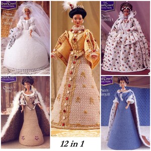 Puede incluir: Una colección de 12 patrones de vestidos de muñeca de ganchillo con figuras históricas como la reina Isabel I, la reina Ana y Diana, princesa de Gales. Los patrones son para tejer vestidos de muñeca en varios colores y estilos.