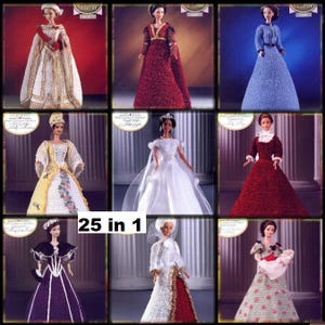May include: A collection of 25 crochet doll dress patterns featuring various styles and colours. The patterns include a variety of historical and modern designs, such as a white wedding dress, a red and gold gown, and a blue and white floral dress.