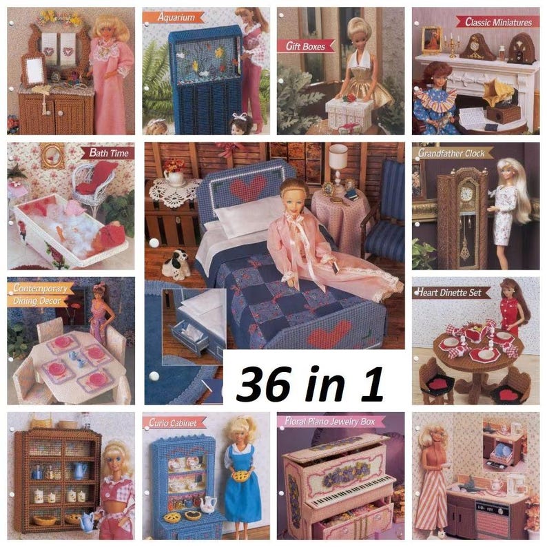 May include: A collection of 36 dollhouse miniature patterns, including a piano, a bed, a dining set, a grandfather clock, and a cabinet. The patterns are printed on a white background with a blue border.
