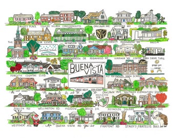 Buena Vista Neighborhood print, Buena Vista, Winston Salem, Wait Chapel, Reynolda Gardens, Winston Salem landmarks, Wake Forest print