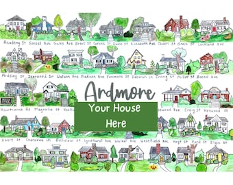 Your house inserted on the Ardmore Print, Winston Salem local art, Watercolor of Ardmore, the houses of Ardmore, Ardmore art, personized art