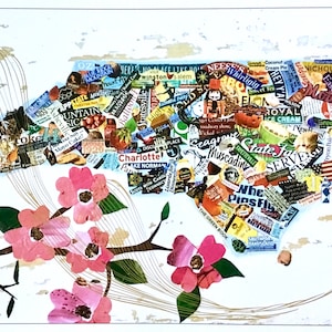 May include: A collage of colorful paper scraps in the shape of the state of North Carolina, with pink dogwood blossoms and gold lines on a white background. The collage includes words like "Charlotte", "Whirligig", "Muscadine", "State Fair", and "The Green Book".