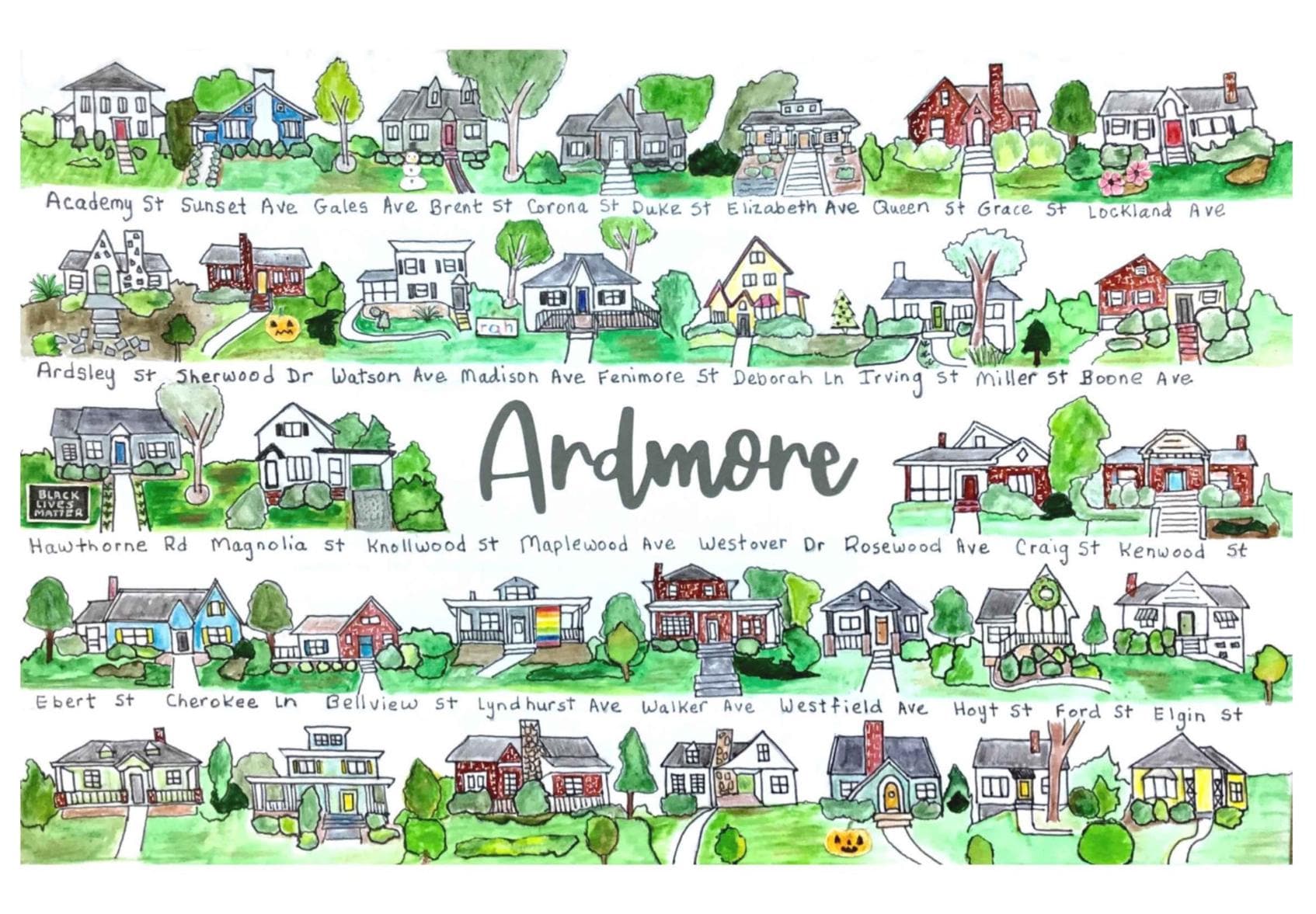 Ardmore poster, poster of Ardmore, Winston Salem poster, Winston Salem local art, Watercolor of Ardmore, the houses of Ardmore, Ardmore art