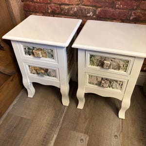 May include: A pair of white bedside cabinets with a floral and animal print on the drawer fronts. The cabinets have a classic design with curved legs and a rectangular top. The drawer pulls are light brown.