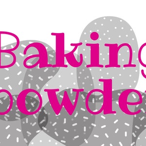 Könnte beinhalten: Rosaer Text auf grauem Hintergrund mit weißen Punkten und Linien, der "Baking powder" lautet.
