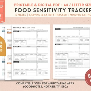 May include: Printable food sensitivity tracker in PDF format. The tracker includes sections for mindful meal journaling, craving and satiety tracking, and a nutrition score. The tracker is compatible with PDF annotating apps such as Goodnotes and Notability.