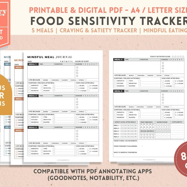 Food Sensitivity Journal Printable, Mindful Nutrition Food Diary, Intuitive Eating Planner, Digital PDF