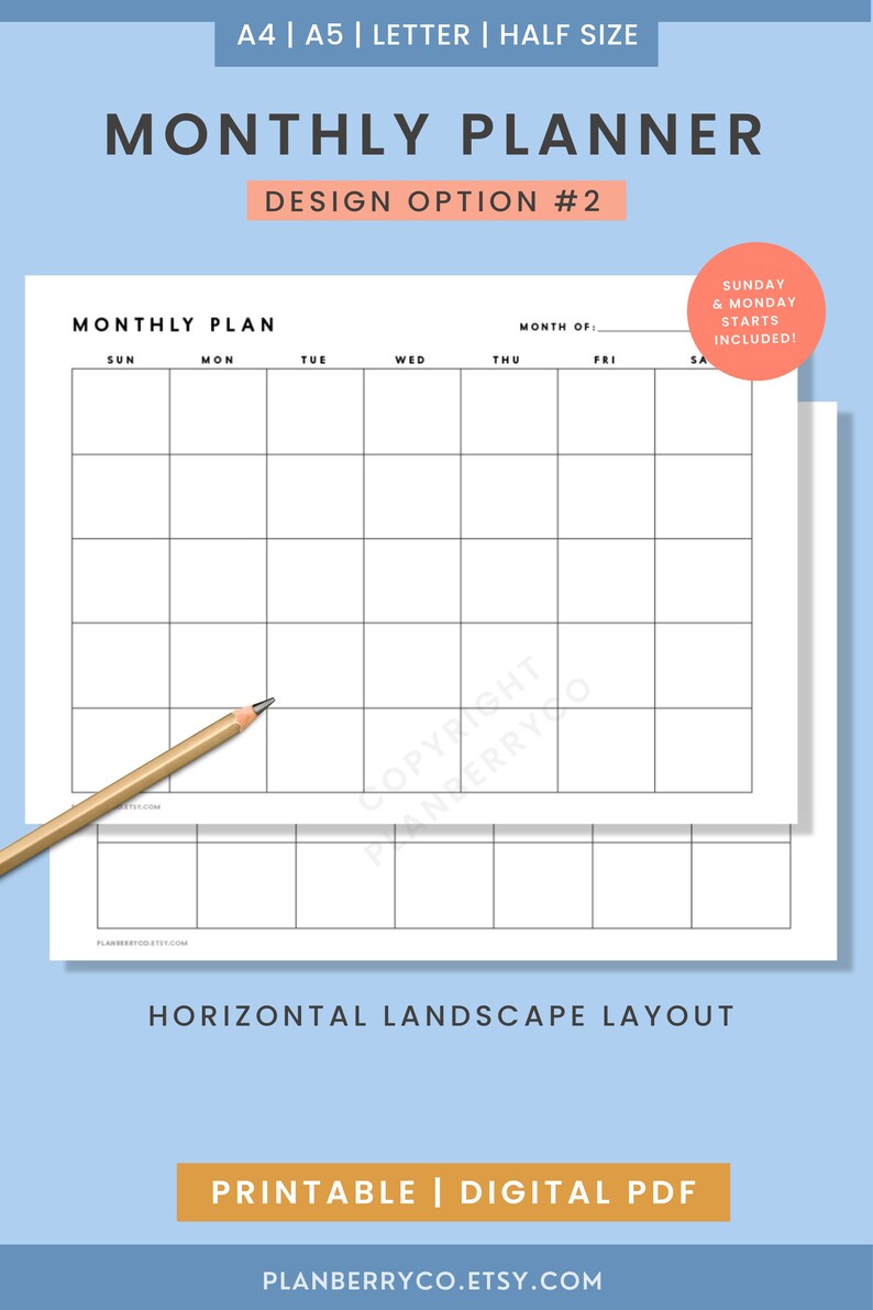 Monthly to Do List Printable Planner, Simple Blank Calendar, Horizontal ...