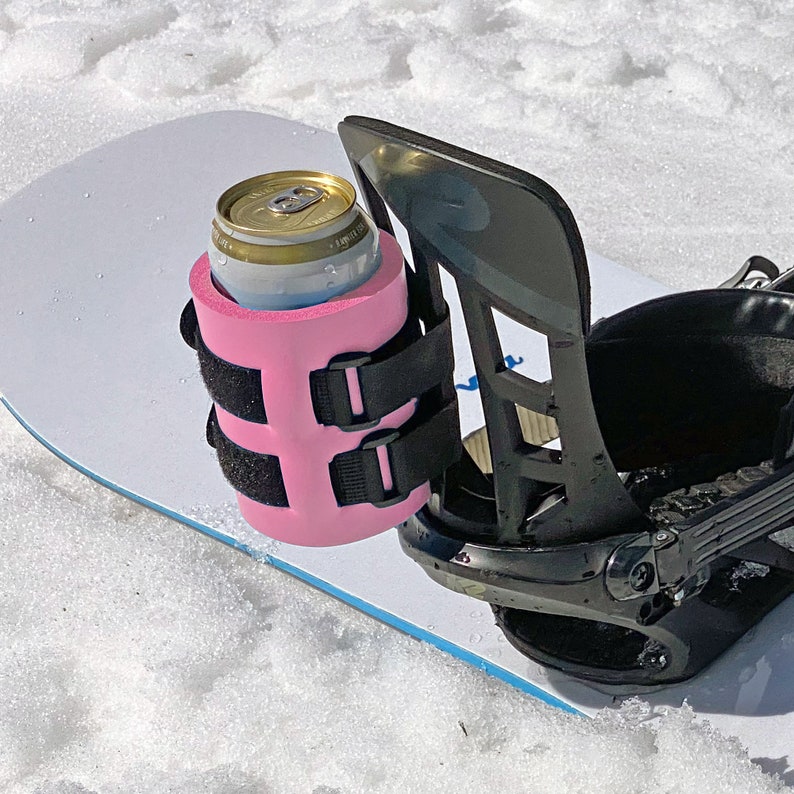 Pink Beer Binding Pro Strapped to Snowboard Binding Highback