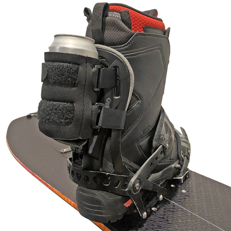 Beer Binding Strapped to Snowboard Binding Highback