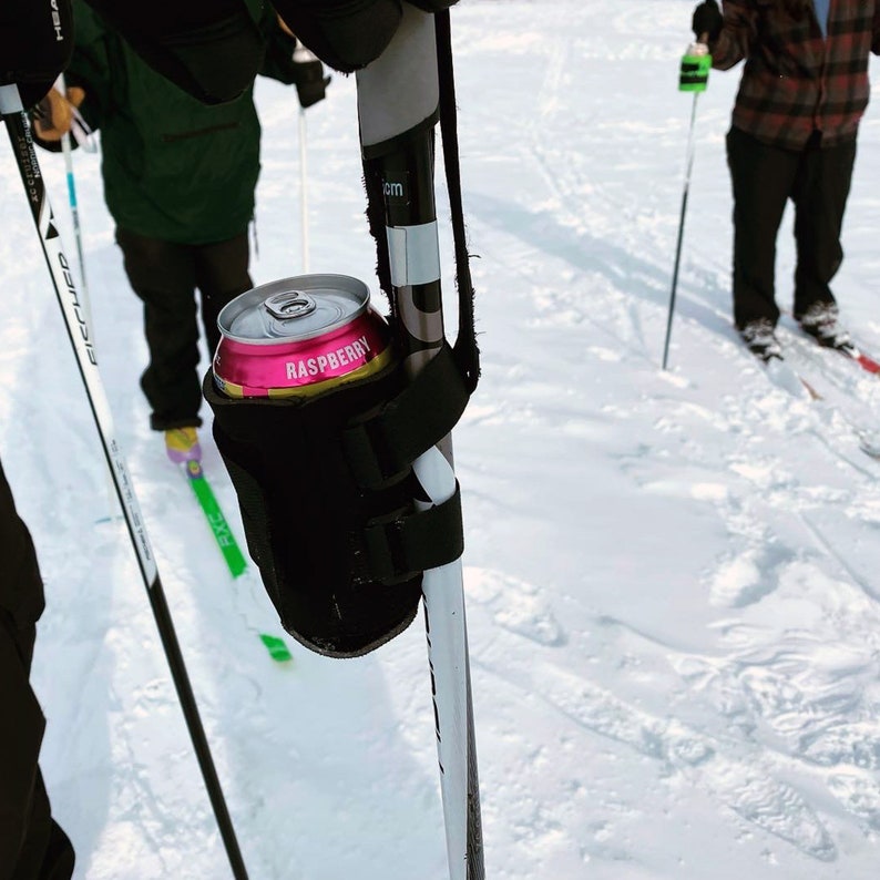 BeerSki Original Strapped to Ski Pole with Cross Country Skiers.