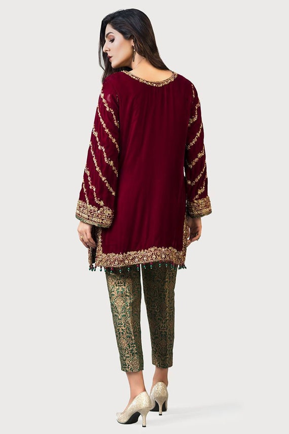 Red Velvet Suit With Jamawar Trousers 