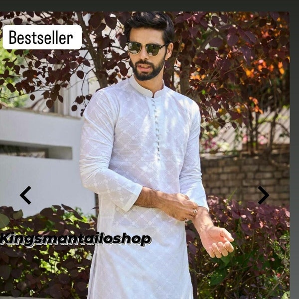 Men’s Kurta Pajama Set Chikenkari Fabric,Indian Style Men Cloth Wedding Party wear Outfit Traditional Kurta Set With Mandrin collar