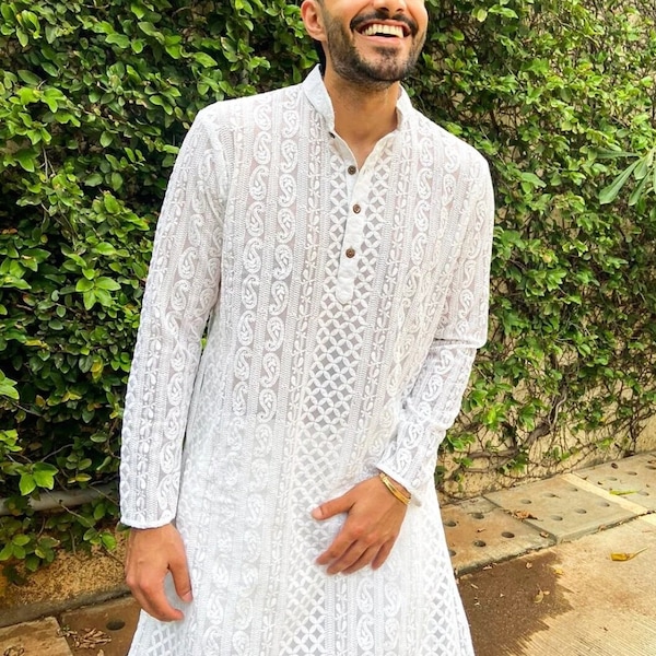 Ensemble de pyjama épais chikankari kurta pour homme | Ensemble de pyjama kurta indien pour homme | Tenues de mariage indiennes pour hommes, pyjama kurta EID pour hommes