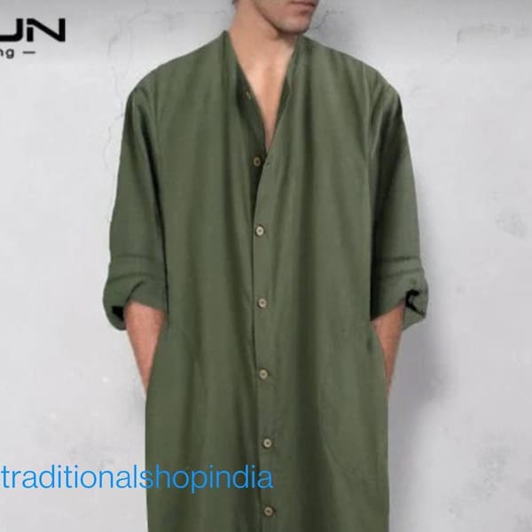 linen tunic dress men's vegan lightweight summer outfit loose fit versatile beach cover up spa robe with pocket all color available