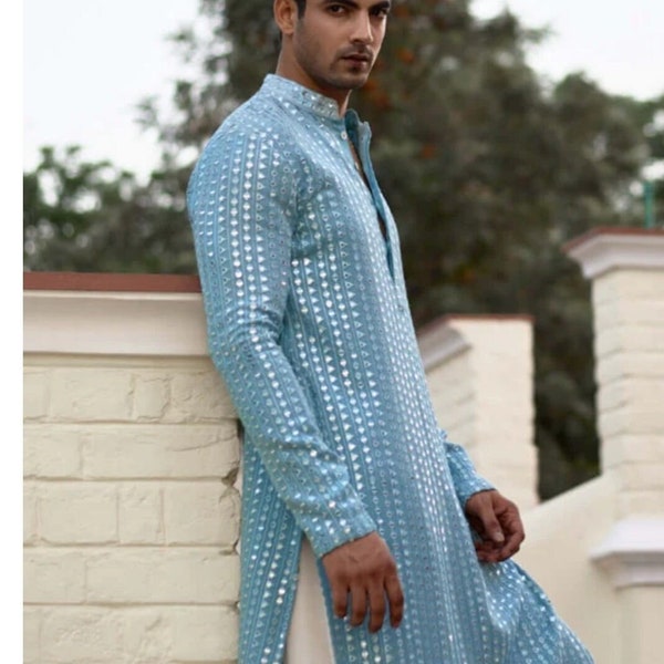 Men's Heavy Wedding Kurta set, Sky Blue Kurta White Pathani Salwar, Full sleeves Party wear Suit for Man, Eid Salwar Kamiz kurta set