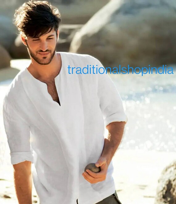 White linen short kurta for cheap mens