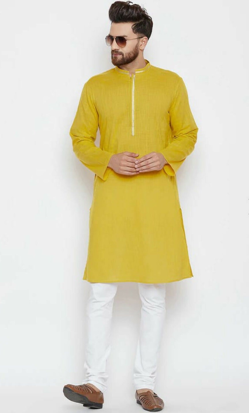 Clothing Mens Clothing Shirts & Tees New indian men's stylist simpal kurta designer kurta 100%cotton ethnic kurta good and best quality color yellow all size availeble 