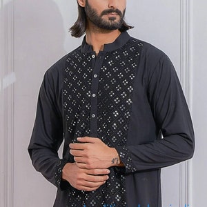 Indian Man Chikankari Readymade Kurta Pajama, Minar work kurta Men's Kurta Pajama Set, Man kurta pajama,man wedding kurta, black color kurta