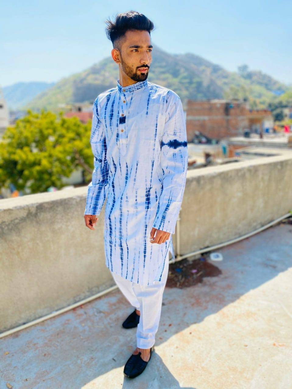 Mens Hand Print Kurta Hand Tie Dye Kurta Hand Made Kurta Traditional