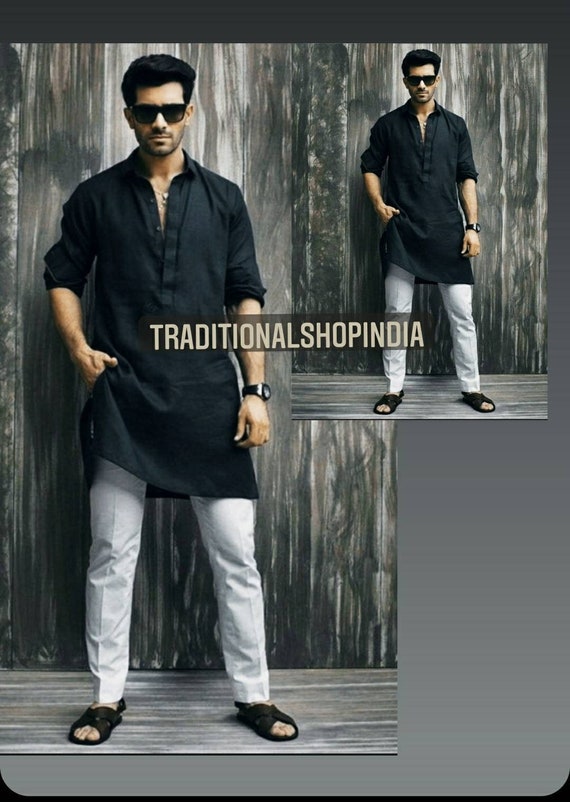Mens Black Color Kurta Full Sleeve Pathani Collar Casual Kurta