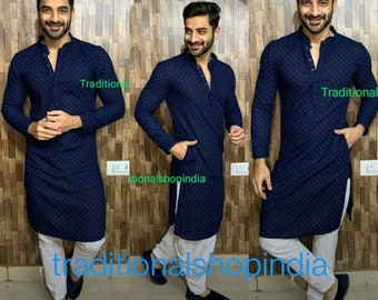 Blue Luckhnowi Chikenkari Kurta Pajama Set Hand Embroidered Wedding Party And Engagement Wear Indian Outfit Men's Wear