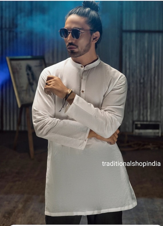 White linen short clearance kurta for mens