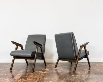 Pair Of Mid Century Modern, Oak Wood, Grey, Armchairs, 1960