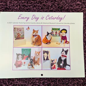 May include: A 2027 calendar titled Every Day is Caturday! featuring photos of cats from the Centre County Library & Historical Museum. The grid layout displays various cats in costumes and poses alongside books and small decorative items.