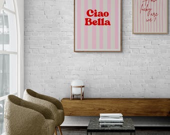 Ciao Bella Retro Print: Pink Stripe Italian Typography (Digital Download)