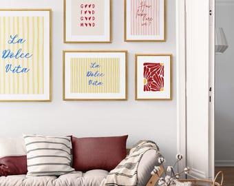 La Dolce Vita Print: Italian Quote, Blue Script, Yellow Stripes (Digital Download)