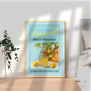 Italiaanse poster limoncello – vintage keukenmuurkunst, zomerprint Dolce Vita, illustratie citroendrankje, mediterraan decor