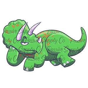 May include: A green cartoon triceratops dinosaur with brown spots, looking to the side with a tired expression. The dinosaur is lying on its belly with its legs outstretched.