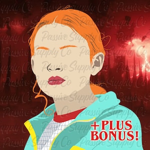 May include: A young girl with red hair wearing a blue and yellow jacket stands in front of a red and black background with the text "PLUS BONUS!" in red.