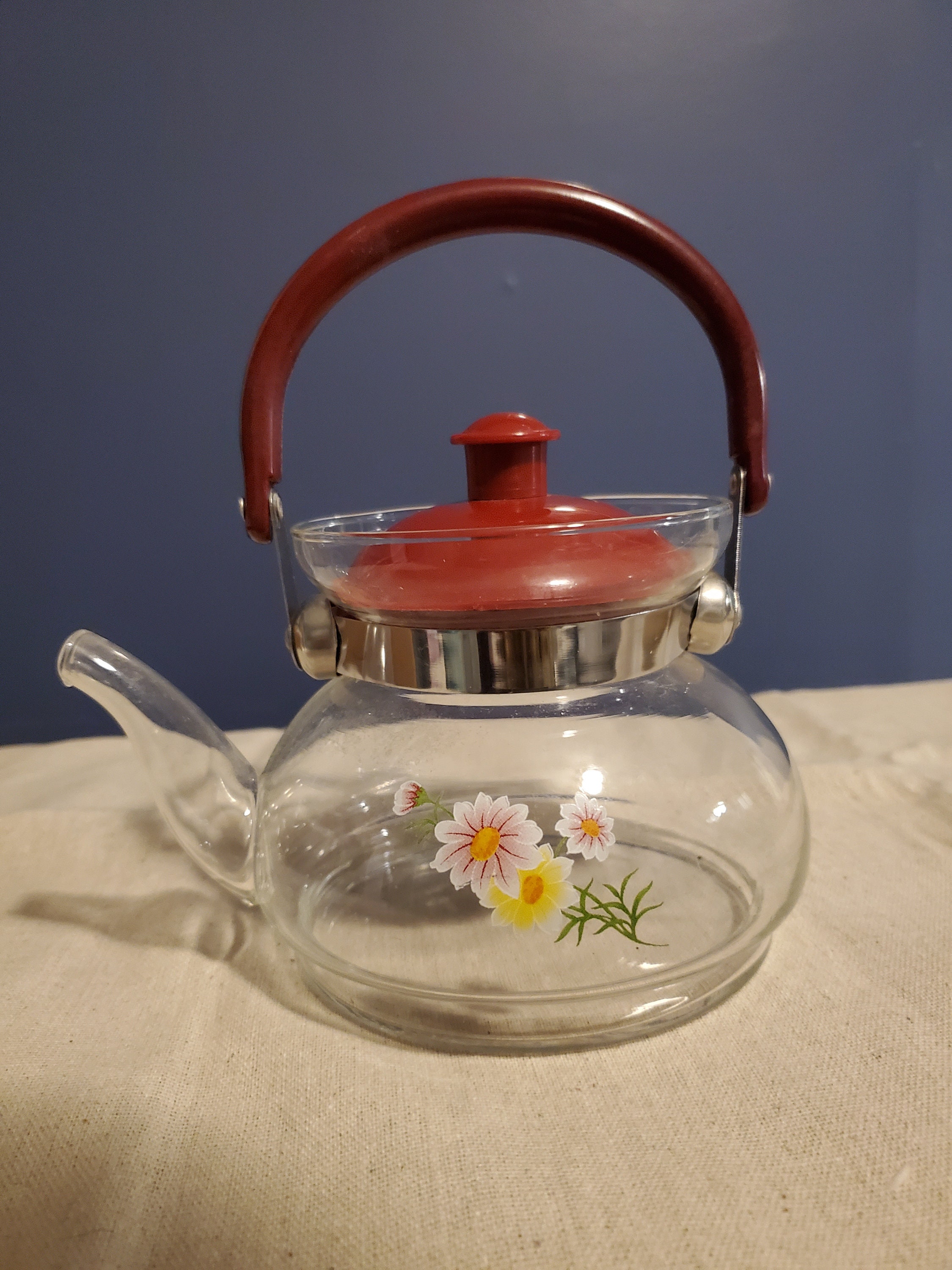 Cozyn Direct Fire Glass 1 Qt Kettle Tea Pot flower Floral w/ Handle & Spout