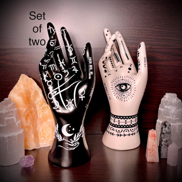 Set of Two Palmistry Statues, Halloween, Decor, Witchy, Witch’s Hand, Psychic, Altar, Jewelry Holder, Spider, Insect