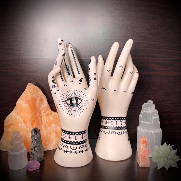 White & Black Hamsa, Evil Eye Design Palmistry Statue, Jewelry Holder, Witch’s Hand, Tarot, Fortune Teller, Ring, Jewelry, Ouija, Tarot