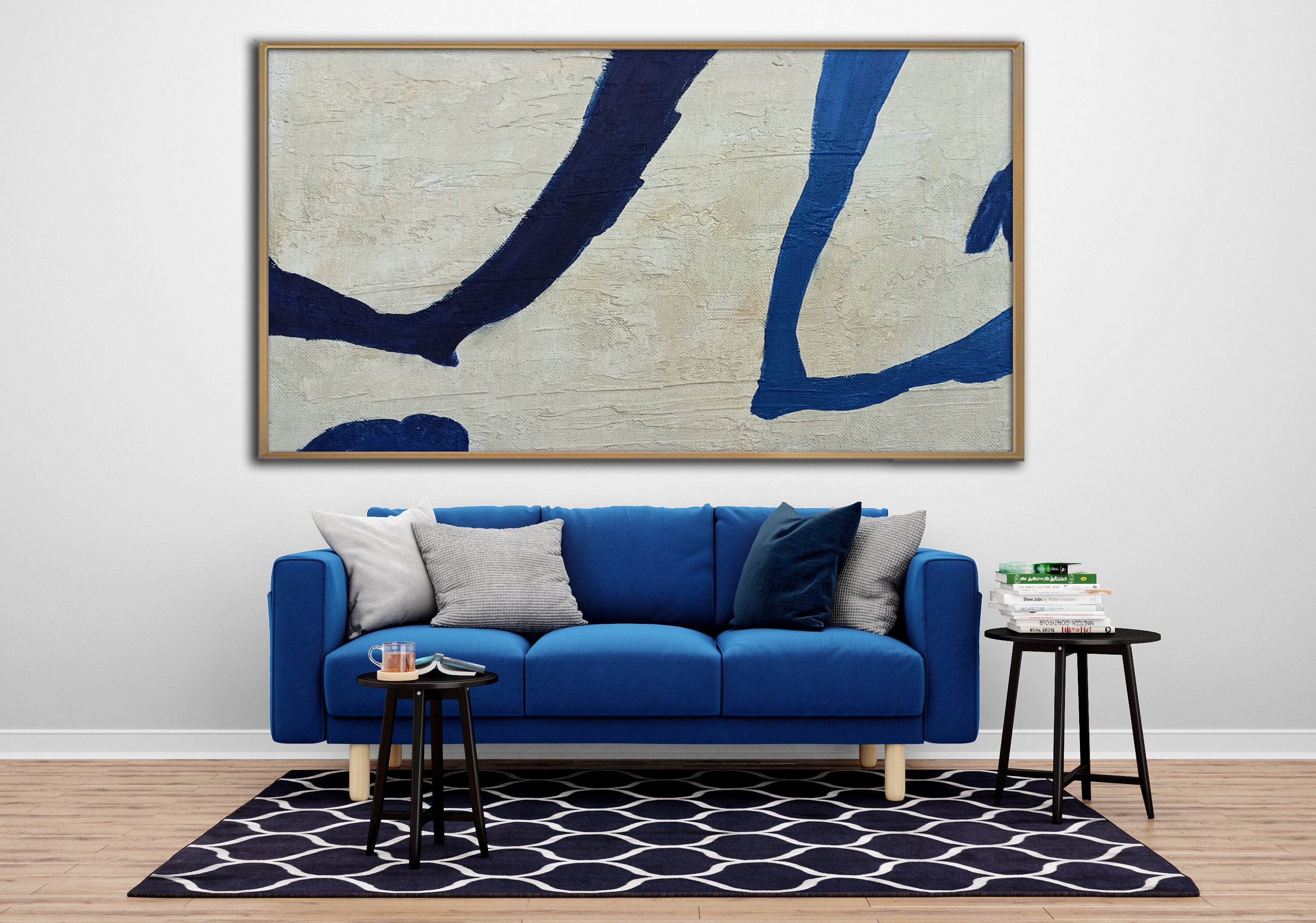 Original Blue and Beige Abstract Painting Modern Line Etsy UK