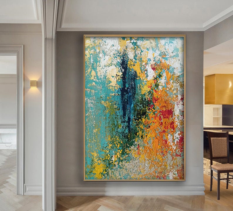 Oversized Wall Art Orange and Blue Abstract Painting Oil Etsy