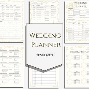 May include: A collection of wedding planner templates featuring a central shield graphic with the text WEDDING PLANNER TEMPLATES. The surrounding pages include forms for vendor contacts, wedding day timelines, guest lists, seating plans, and checklists with decorative gold-toned line borders.