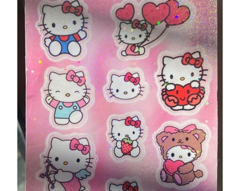 Pink Kitty Kawaii Sticker Sheet, HK Scrapbook Sticker Sheet, Transparent Vinyl Sticker Sheet 12 pcs