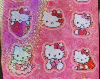 Kawaii Valentine's day Pink Kitty Scrapbook Sticker Sheet, Transparent Holographic Vinyl Sticker Sheet 12 pcs