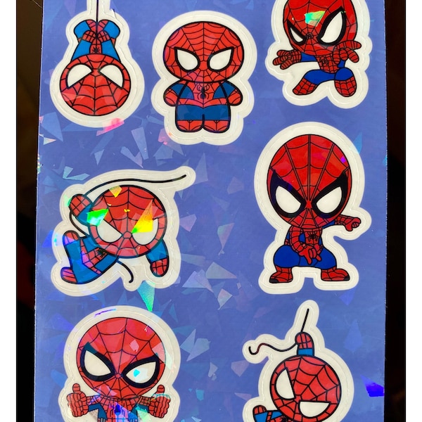 Spider Sticker Sheet, Spidey Waterproof Sticker Sheet, Holographic Vinyl Sticker Sheet 7 pcs