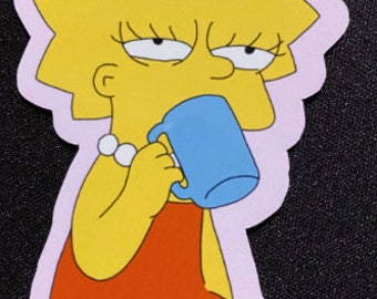 Lisa-Simpson drinking coffee, Lisa-Simpson Sticker, The Simpsons Glossy Die Cut Sticker, Weatherproof Glossy Vinyl Sticker